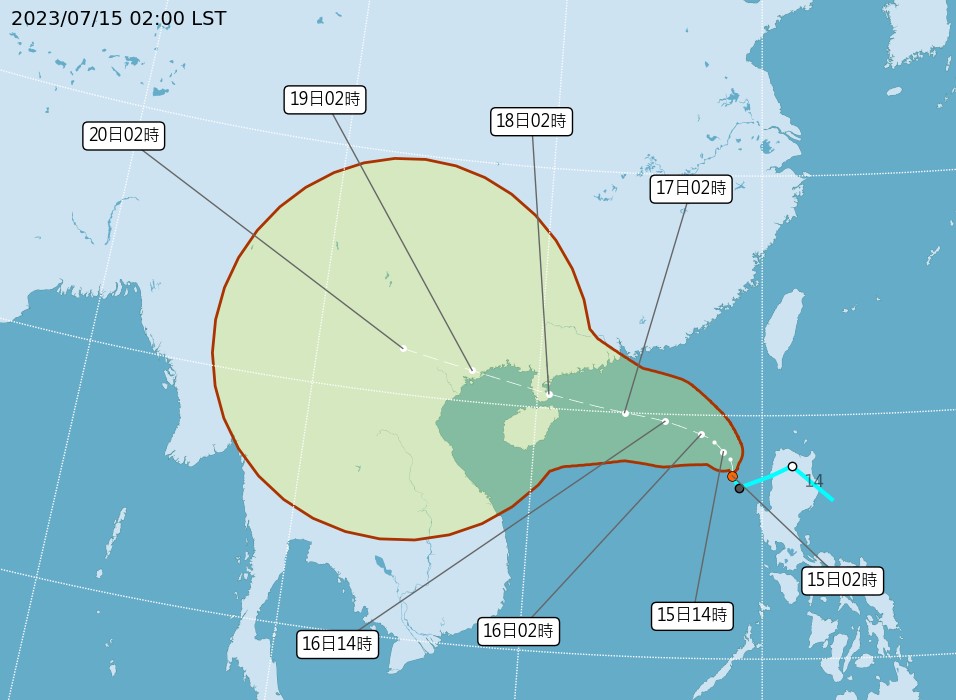 熱帶性低氣壓TD05最快今天生成為颱風「泰利」。圖／翻攝自中央氣象局