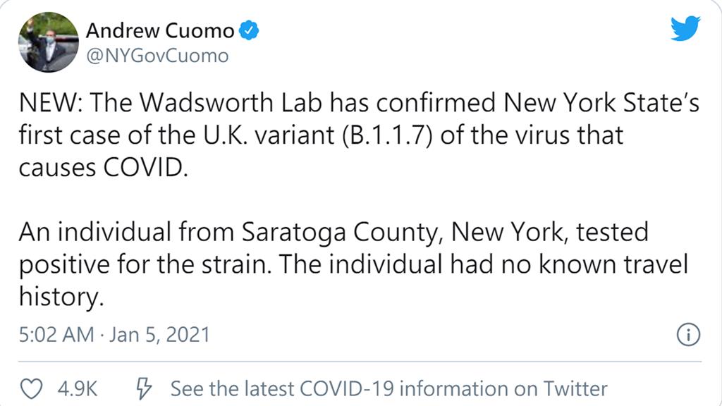 紐約州長證實，該州出現首例英國變種病毒株的確診者。圖：翻攝Andrew Cuomo推特