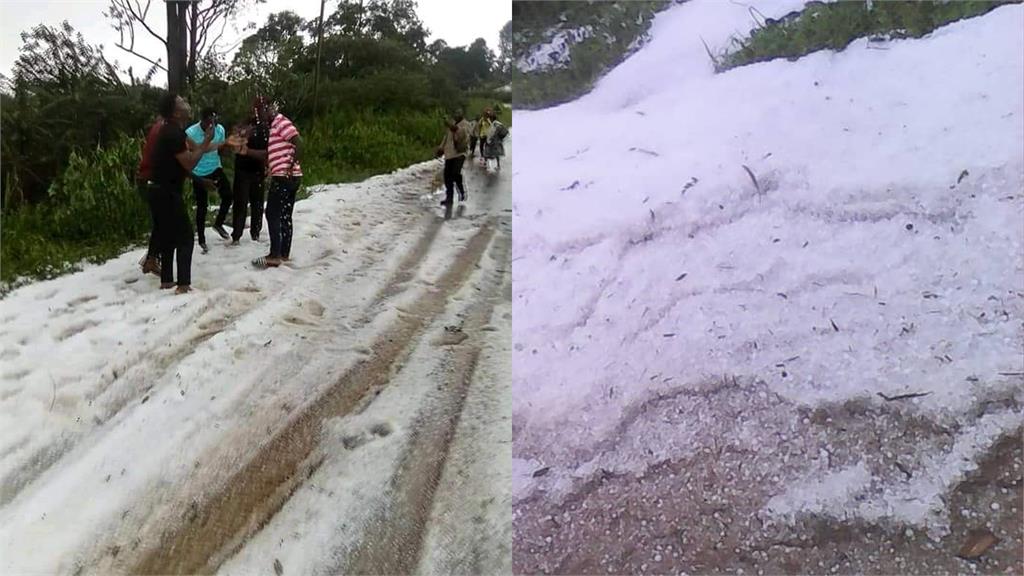 喀麥隆西部的巴納市出現大量冰狀物，民眾以為是下雪了，興奮不已。合成圖／翻攝自Twitter@BitimiLe
