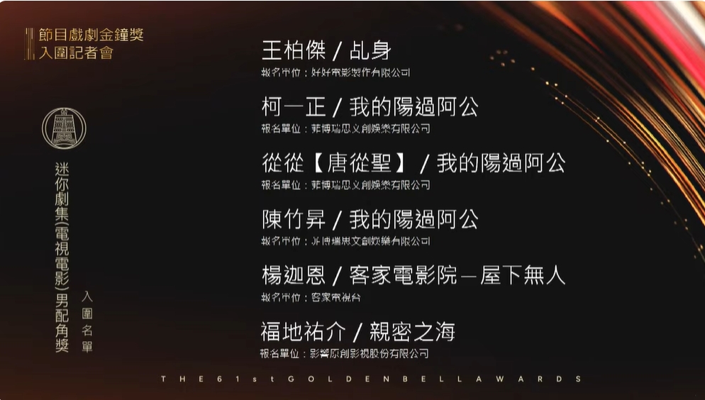 金鐘61／迷你劇集男女配角獎入圍名單出爐 《我的陽過阿公》3位互打