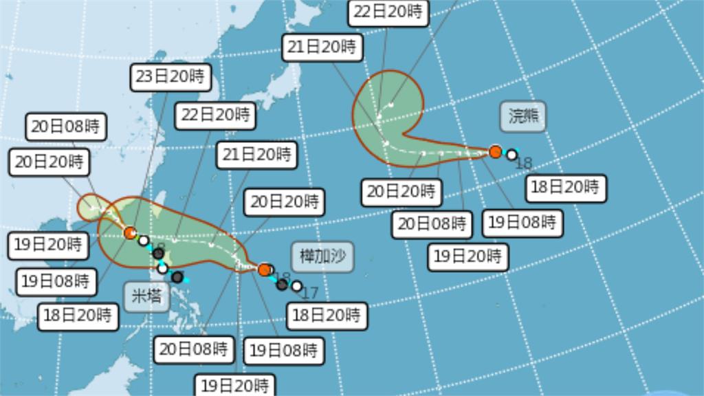 台灣周邊三颱包圍。圖／中央氣象署
