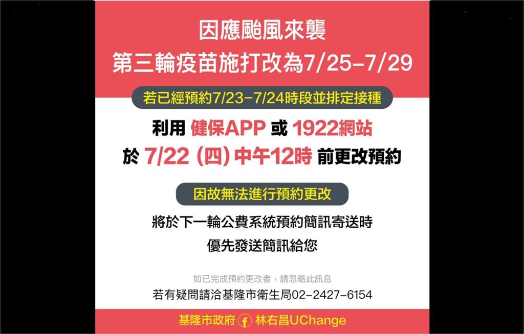 嚴防中颱烟花來襲，林右昌宣布7/23、7/24暫停施打疫苗。圖／翻攝自Facebook @uchange.keelung