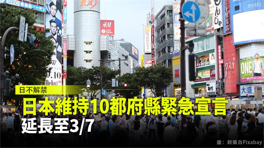 東京、大阪等10個都府縣的緊急事態宣言，延長至3月7日解除。圖：台視新聞