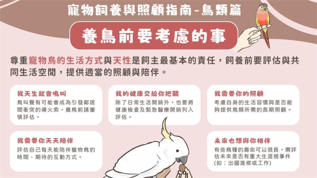農業部發布寵物飼養與照顧指南通則、鳥類篇 建立飼主正確觀念