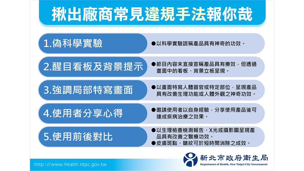 新北市衛生局公布廠商常見違規手法。圖／新北市政府衛生局