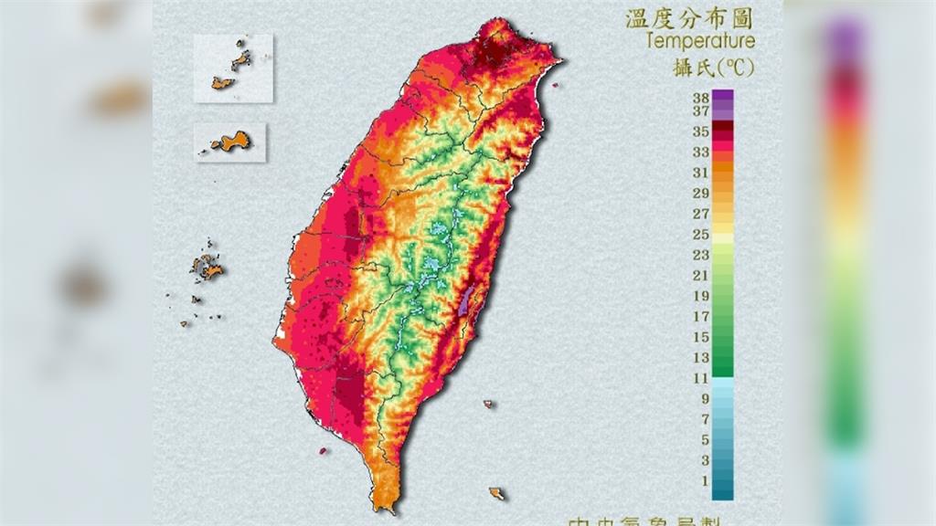 今天各地炎熱，花蓮紫爆。圖／翻攝自中央氣象局