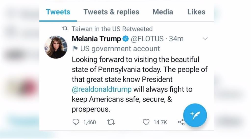 我國駐美代表處，日前在官方推特轉貼美國第一夫人梅蘭妮亞替川普助選的推文。圖：翻攝自梅蘭妮亞推特