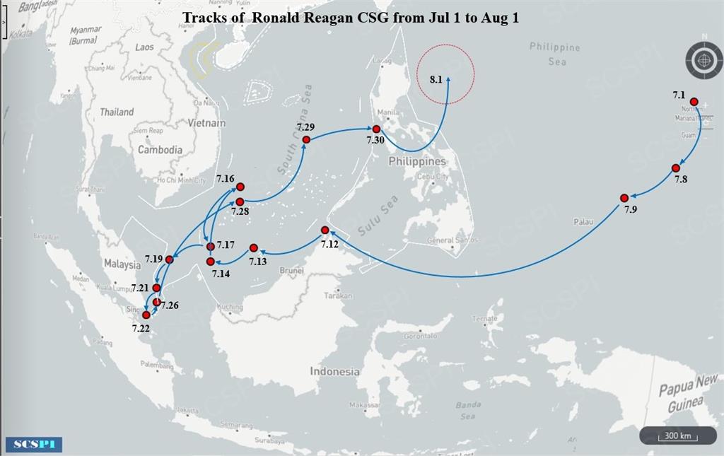 「雷根號」已抵達菲律賓外海。圖／翻攝自Twitter @SCS Probing Initiative