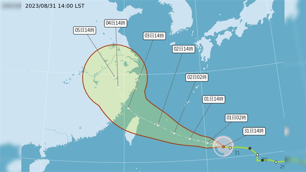 海葵颱風預測路徑南修。圖／中央氣象局