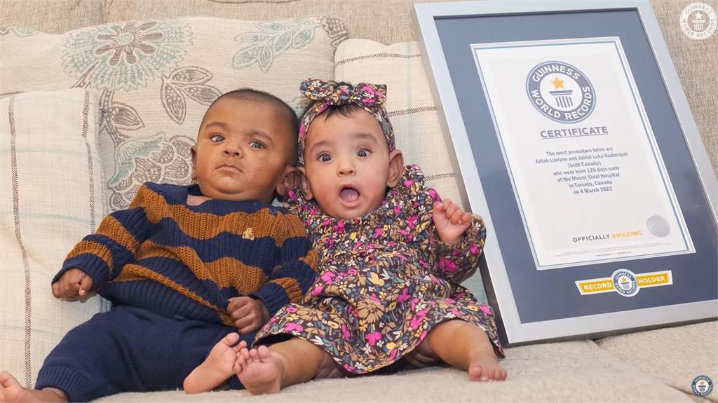 比預產期早126天出生，加國龍鳳雙胞胎破紀錄。圖／翻攝自YouTube@Guinness World Records