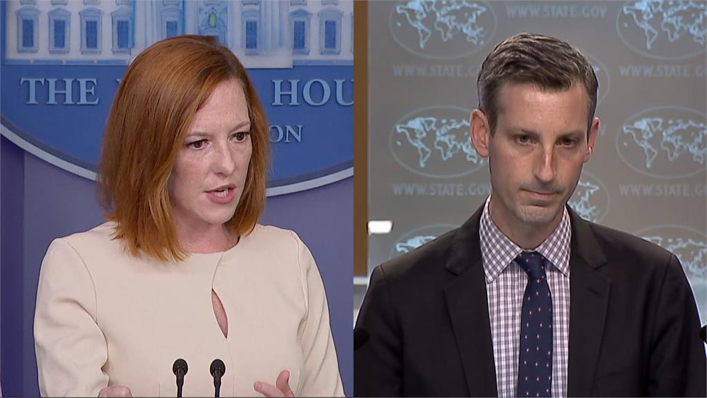 白宮發言人莎琪（左）、國務院發言人普萊斯（右）。圖／翻攝自AP Direct