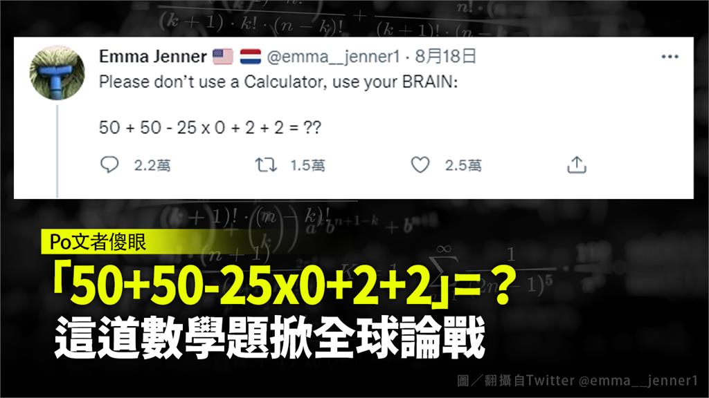 「50+50-25x0+2+2」=？ 這道數學題掀全球論戰。圖／翻攝自Twitter @emma__jenner1