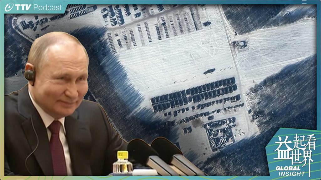 俄國總統普亭在烏克蘭、白俄羅斯邊界部屬大軍，戰爭一觸即發。合成圖／翻攝自AP Dircect
