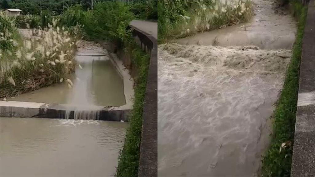 下游原本河水乾涸（左），不到幾秒鐘出現驚人水勢（右）。圖：翻攝自臉書（組合圖）