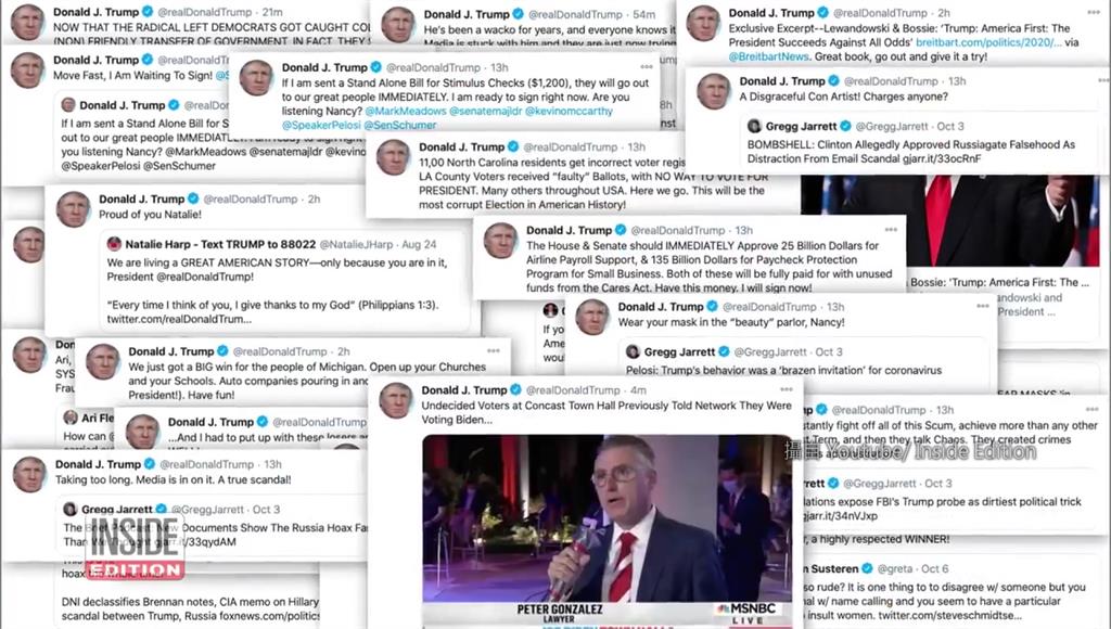 川普短短兩小時在推特狂發兼轉發多達52篇推文。圖：翻攝自Donald J. Trump推特。