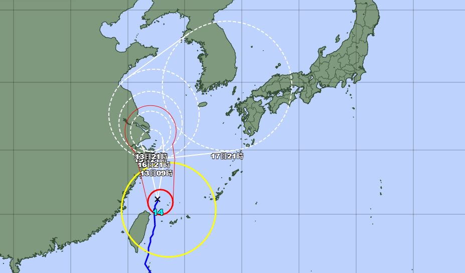 璨樹颱風將逐漸北上，預估17日東轉侵襲日本本州。圖／翻攝自Japan Meteorological Agency官網