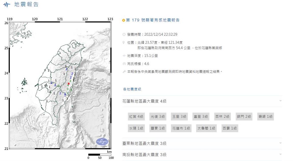 22:32花蓮發生規模4.6地震。圖／氣象局提供