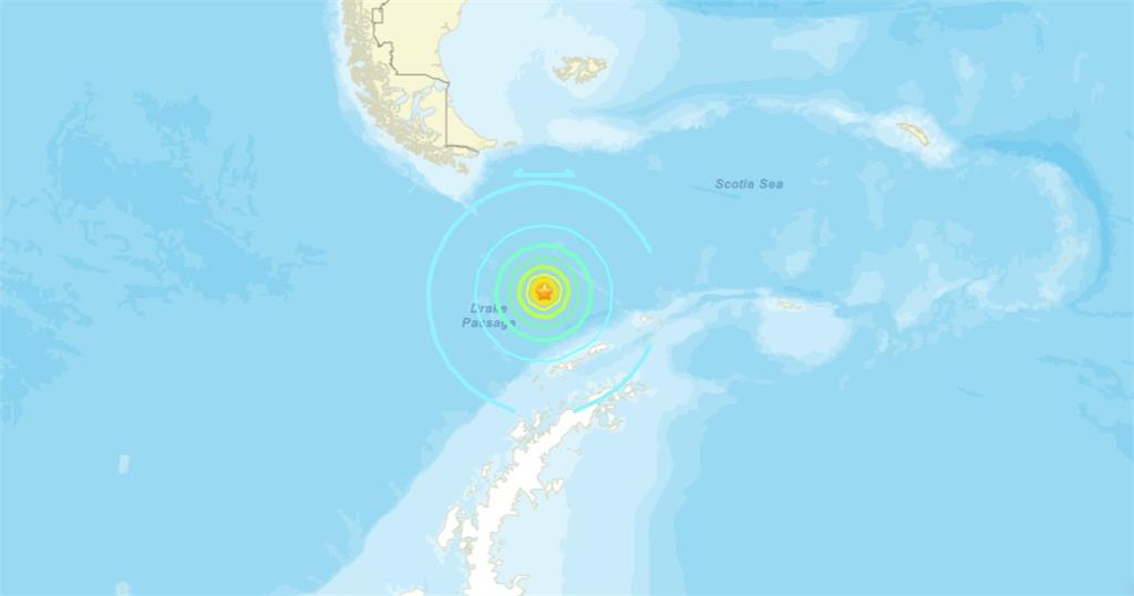 南美洲南端和南極洲之間的德雷克海峽發生規模7.6地震。圖／翻攝自美國地質調查局網頁