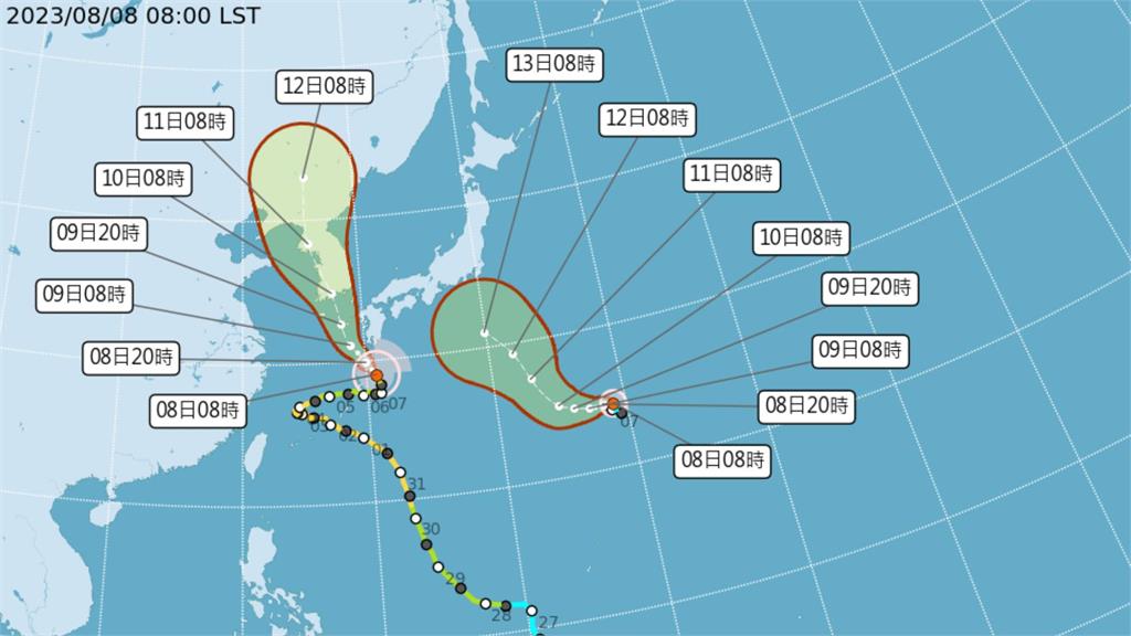 蘭恩颱風生成，海面上形成雙颱共舞。圖／中央氣象局