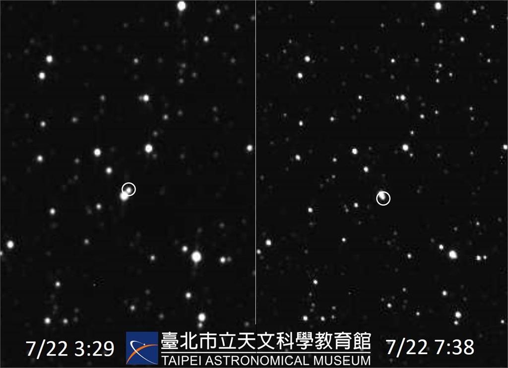 臺北天文館於7月22日相隔約4小時所拍攝的冥王星（圓圈內），可看出其與恆星不同，前（圖左）、後（圖右）已有明顯移動。圖／台北天文館 提供
