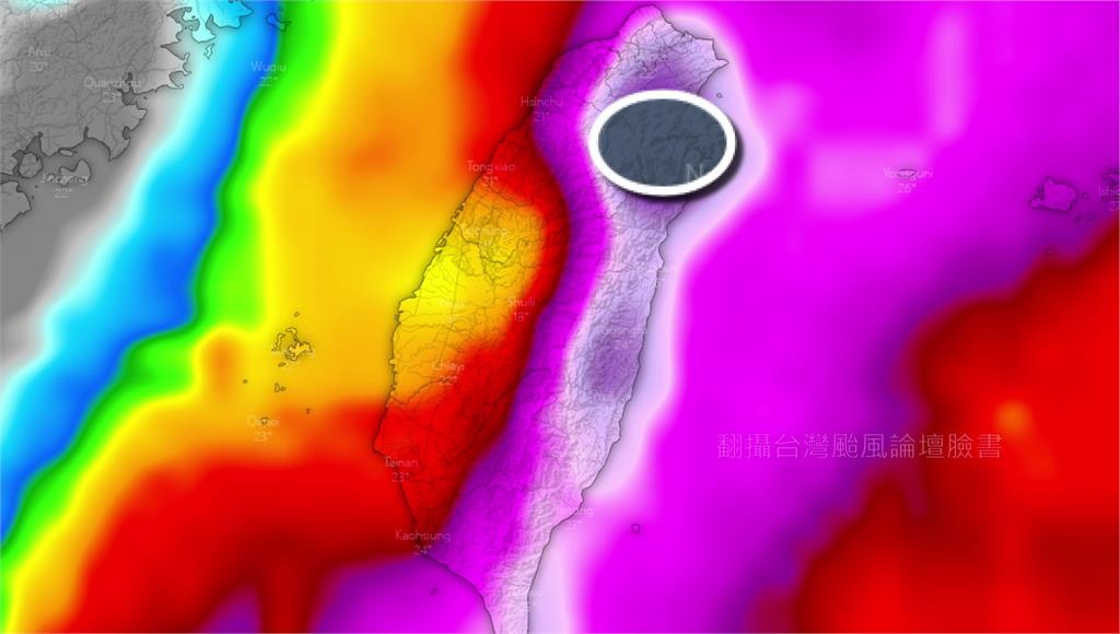 颱風論壇預估，宜蘭降雨「紫到發黑」。圖／翻攝自FB@台灣颱風論壇