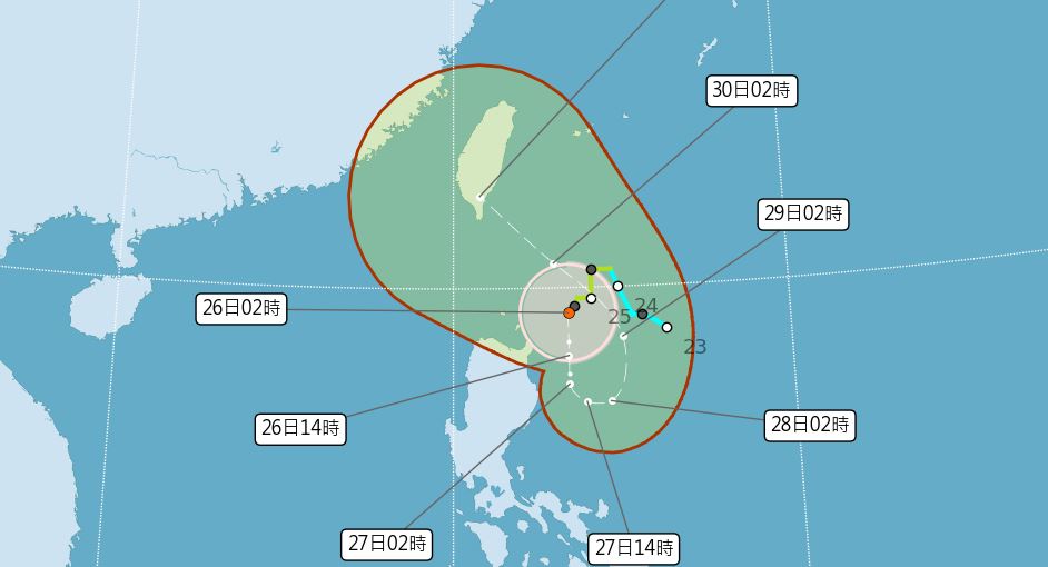 預估颱風「蘇拉」下週三晚間抵達台東外海、蘭嶼附近，登陸台灣機率很高。圖／中央氣象局提供