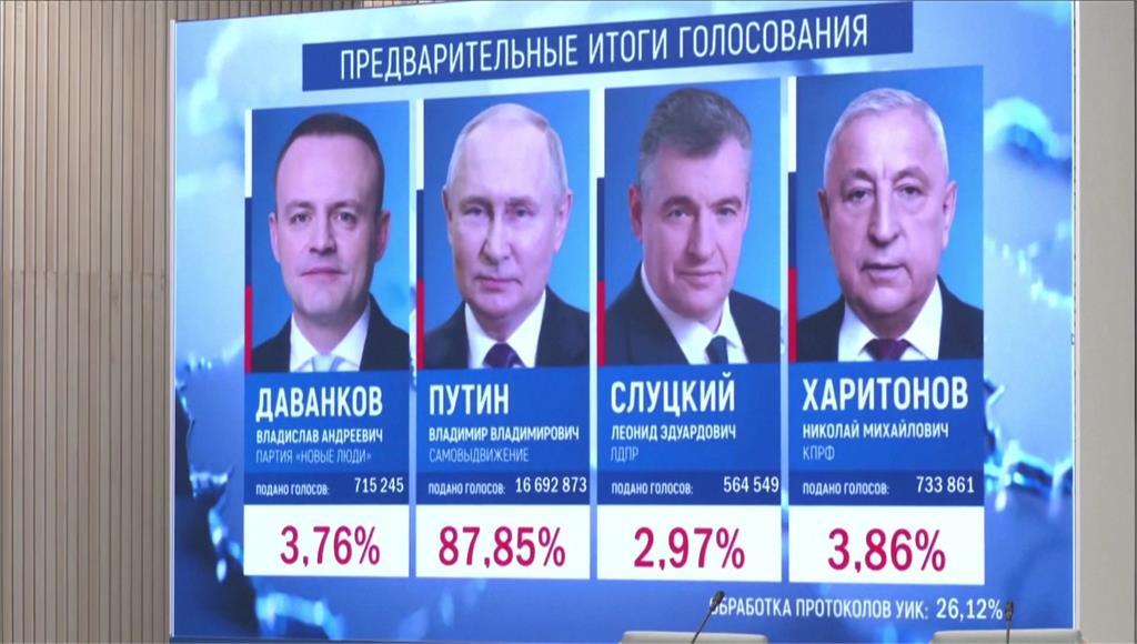 俄國大選投票結束，普亭以超過85%的得票率領先對手，提早發表勝選感言。圖／美聯社、路透社
