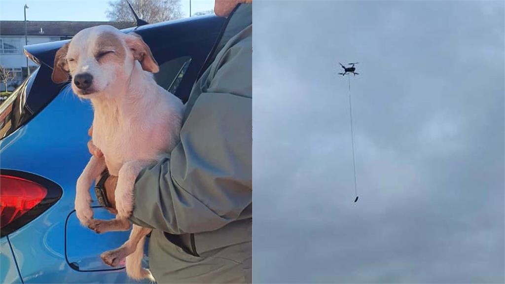 無人機懸掛「香腸」，助迷途狗狗脫困。圖／翻攝自Facebook@denmeaddronesar  