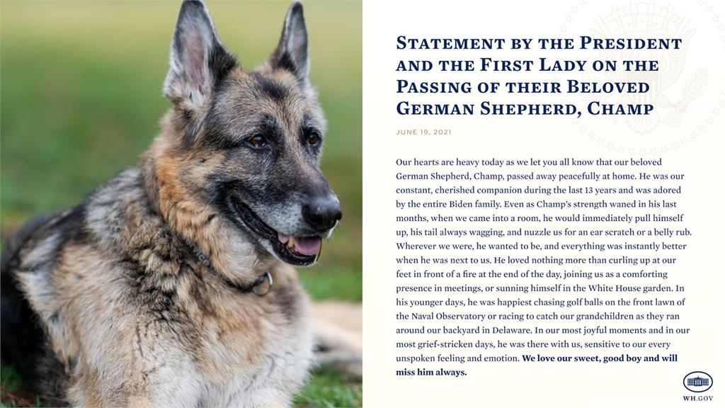 美國總統拜登夫婦飼養的德國牧羊犬「冠軍」已經辭世。圖／翻攝自Twitter@POTUS