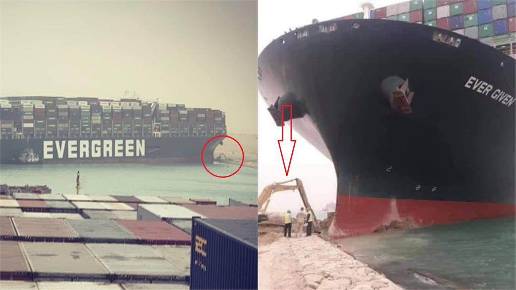 長榮貨櫃輪長賜號擱淺在蘇伊士運河，一旁挖土機賣力救援。圖／翻攝自twitter@John Scott-Railton