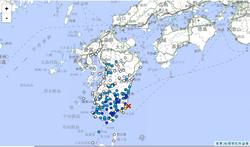 日本九州近海發生規模5.2地震。圖／翻攝自日本氣象廳