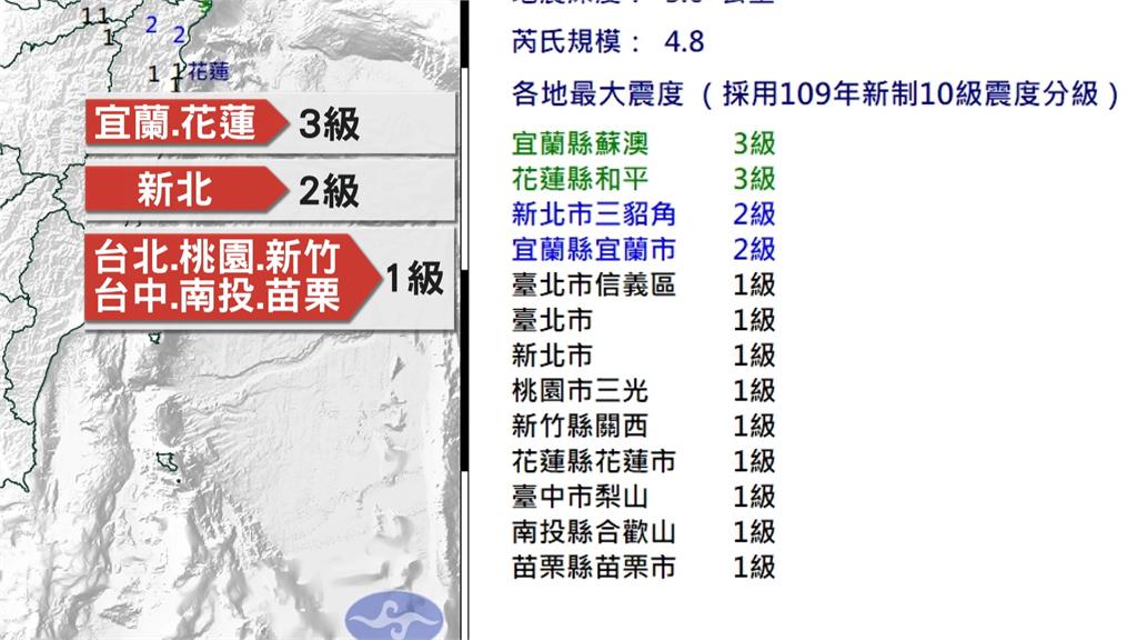 宜蘭規模4.8地震深度5公里 初判為8/5餘震