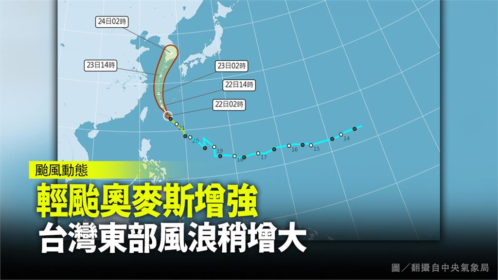 輕颱奧麥斯增強，台灣東部風浪稍增大。圖／翻攝自中央氣象局