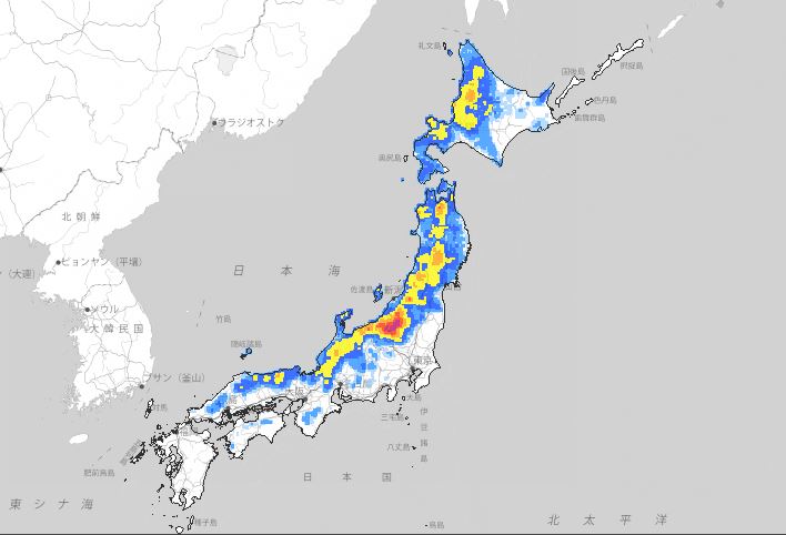 受西伯利亞冷氣團侵襲，日本北部、東北部地區降下大雪。圖：翻攝自日本氣象廳