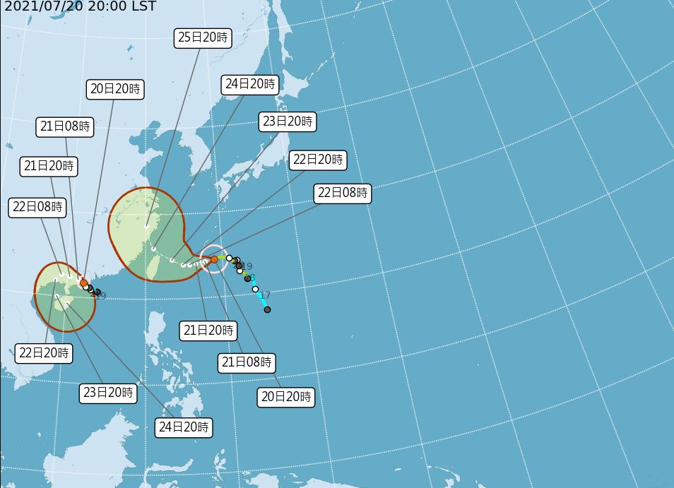 烟花颱風20日晚間增強為中颱。圖／翻攝自中央氣象局