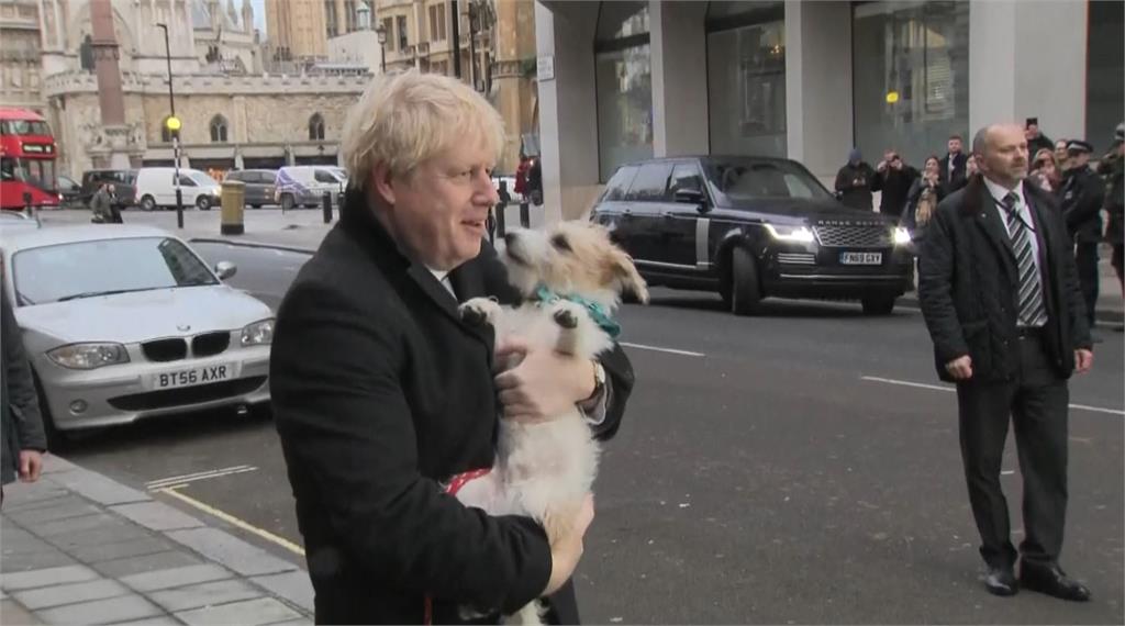 英國首相強森帶著愛狗前往投票所投票。圖：翻攝自AP