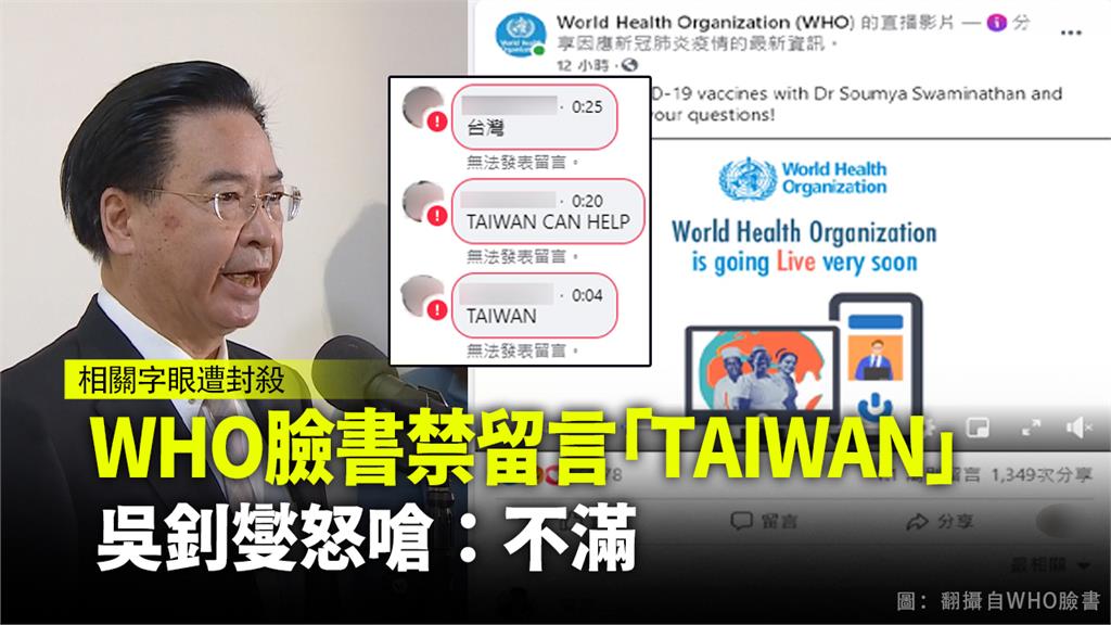WHO臉書禁留言「Taiwan」，吳釗燮表達不滿。圖：台視新聞