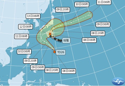 颱風「哈隆」、熱帶性低氣壓「TD26」路徑潛勢預報。圖／翻攝自中央氣象署