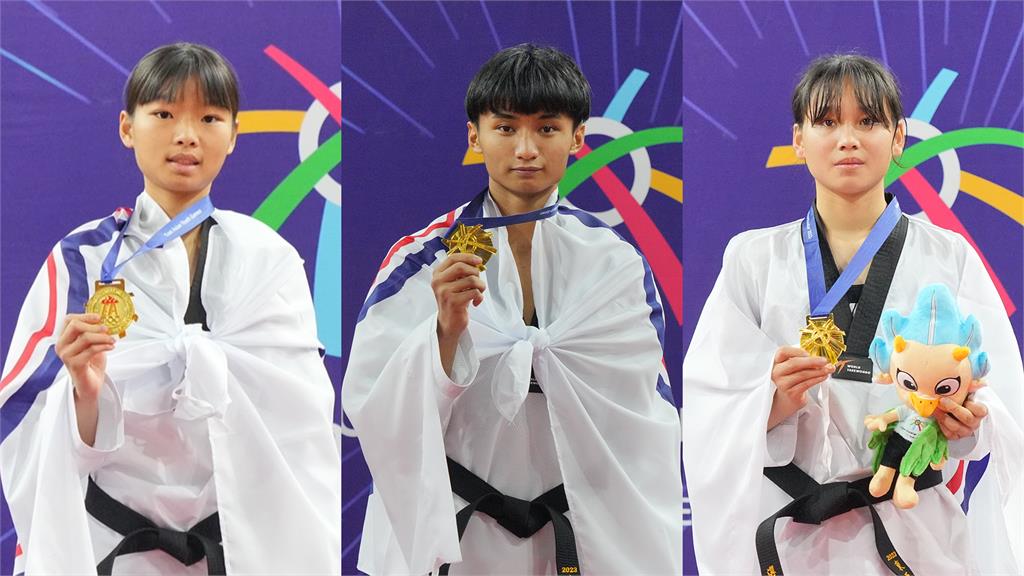 跆拳道小將黃敬芸、柯翔瀚、王薇嘉在東亞青運摘下金牌。圖／中華奧會提供