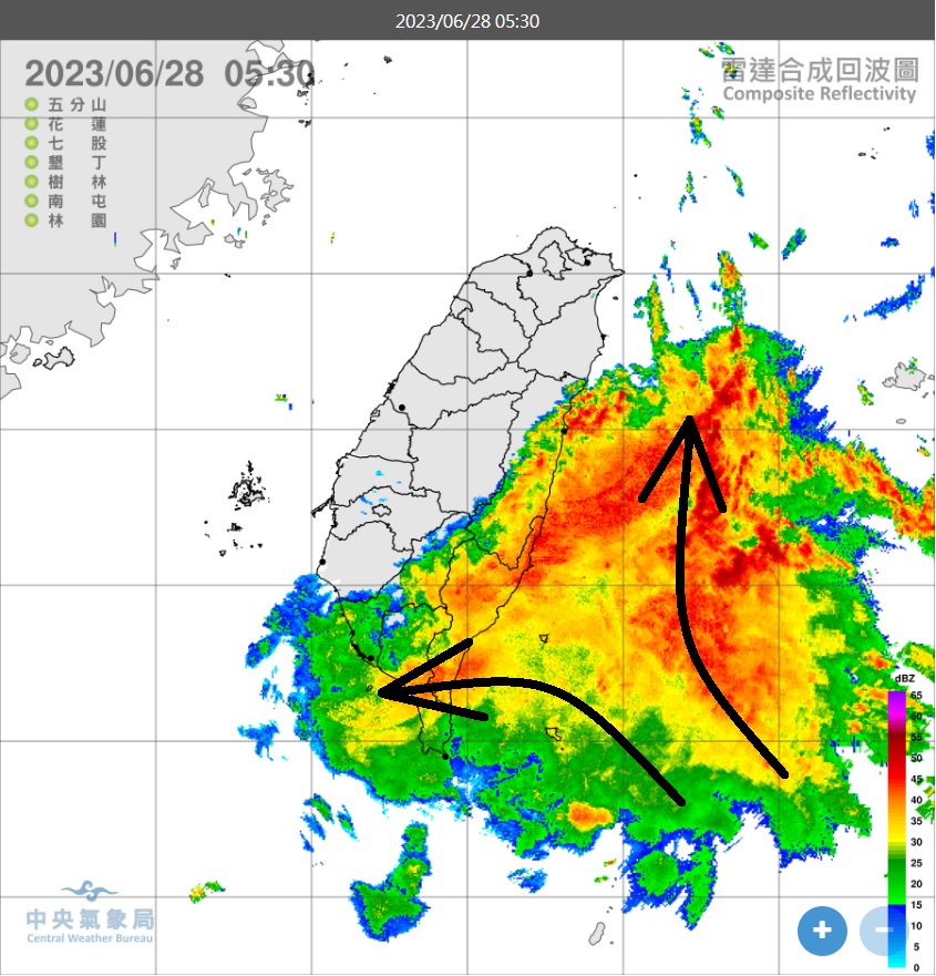 強對流雲系從台灣東南方通過，帶來雨勢。圖／翻攝自鄭明典臉書