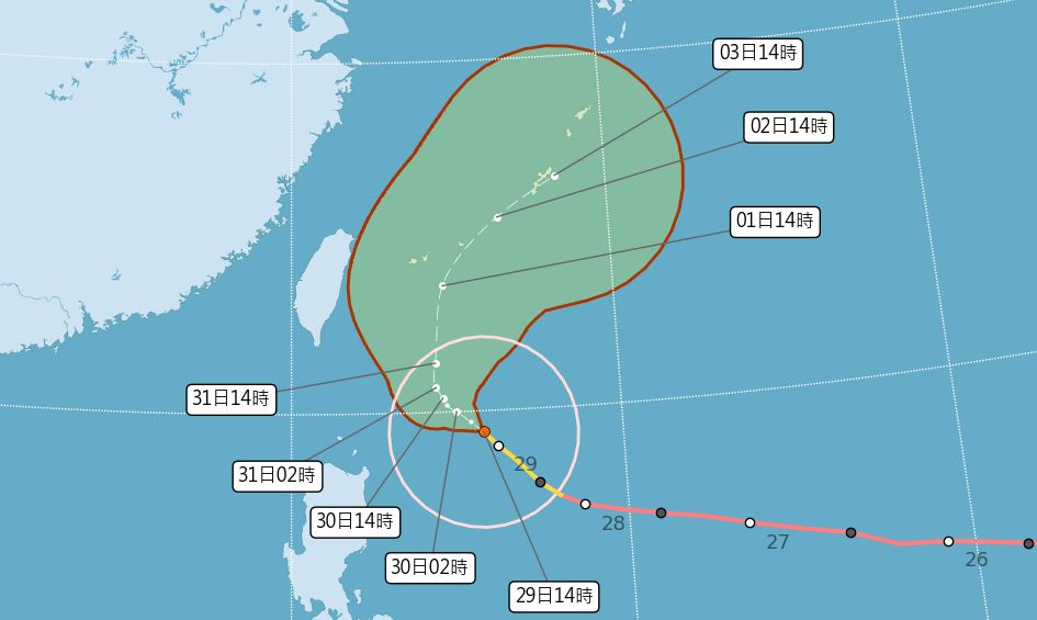 瑪娃颱風逼近，明起北部、東半部地區降雨增加。圖／氣象局提供