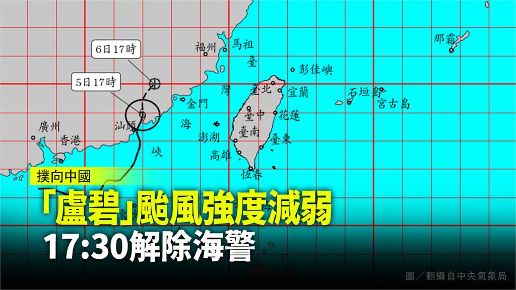 「盧碧」颱風強度減弱、暴風圈縮小，氣象局解除海上颱風警報。圖／台視新聞