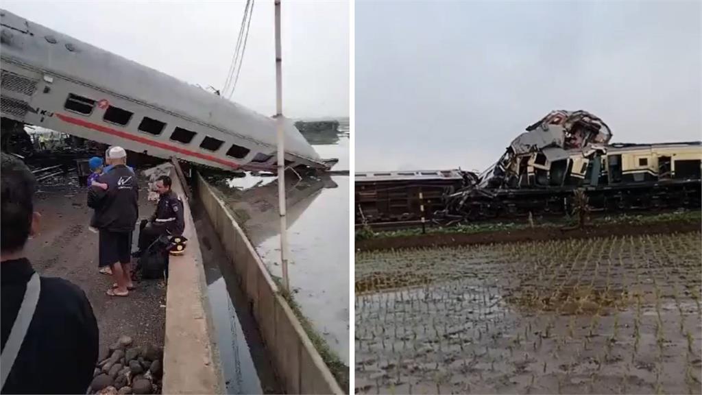 印尼火車相撞，車廂出軌翻覆變形，至少3人死亡。圖／翻攝自Ｘ