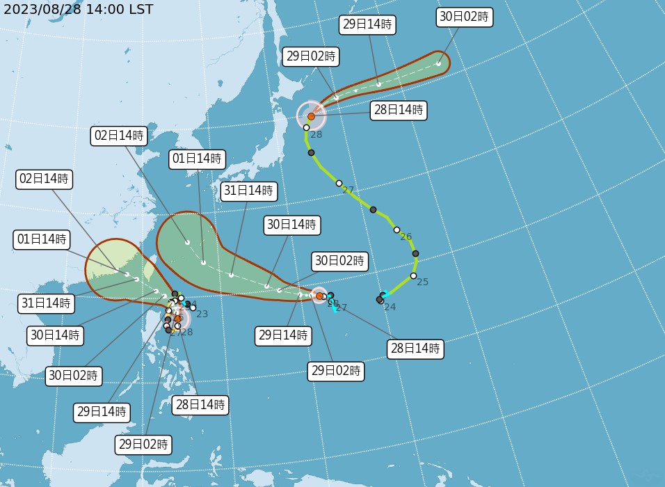 太平洋目前呈現「三颱共舞」。圖／翻攝自中央氣象局