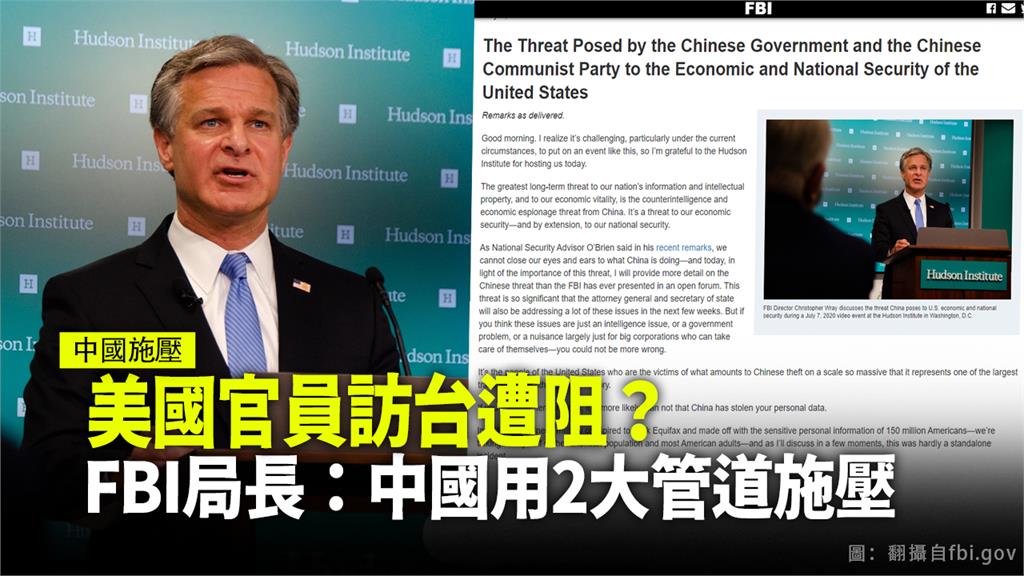 美國FBI局長瑞伊7日在華府智庫哈德遜研究所發表演說，談及中國對美國官員的威脅及施壓。圖：台視新聞