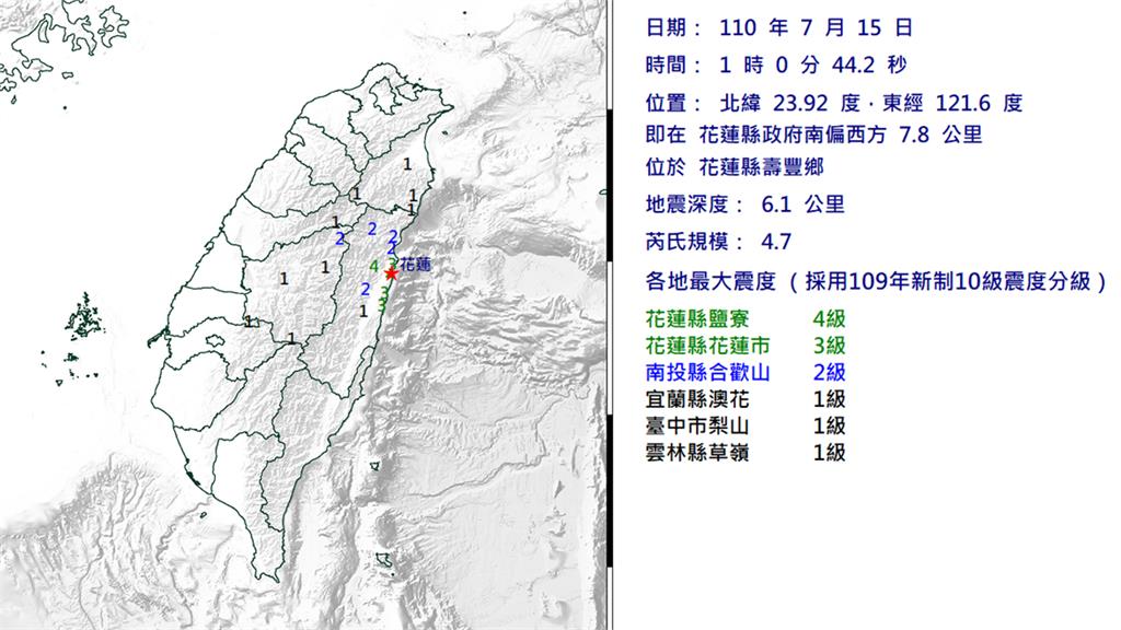 花蓮15日凌晨又發生有感地震。圖／中央氣象局