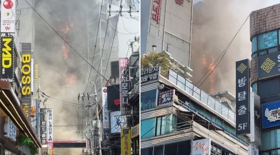 樂天電影院大樓竄出濃煙。圖／翻攝自推特