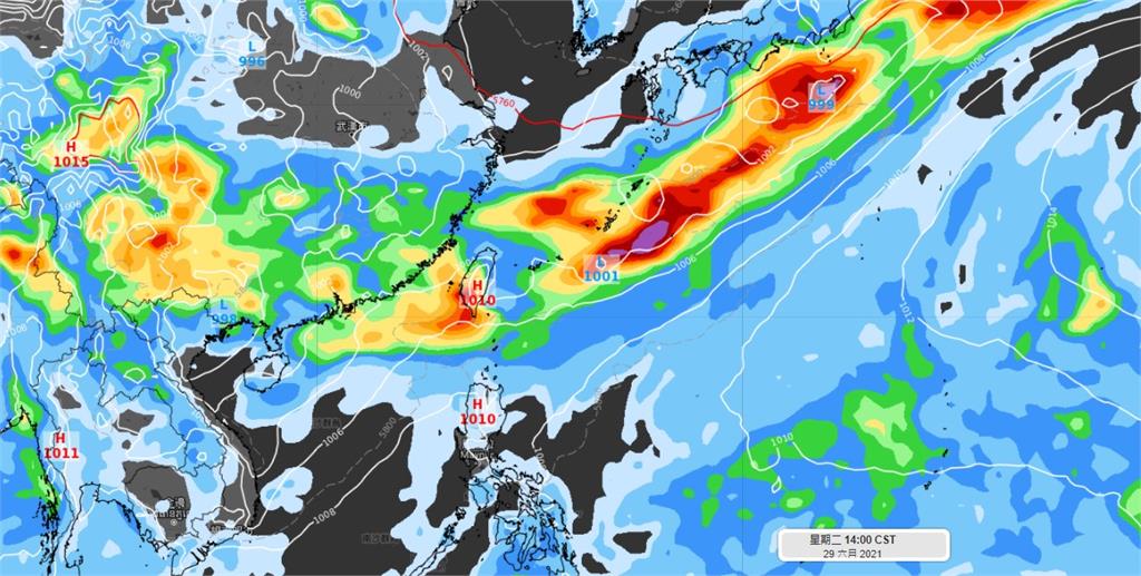 美國模式顯示，下週二台灣還有一波梅雨鋒面。圖／翻攝自氣象達人彭啟明臉書