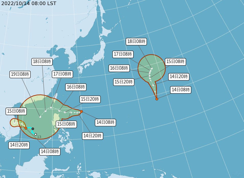 日本氣象廳表示，南海熱帶性低氣壓已在14日下午生成今年第19號颱風「桑卡」。圖／翻攝自中央氣象局官網