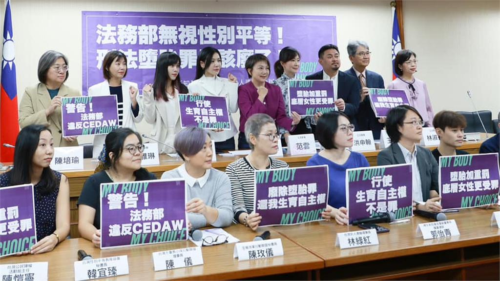 婦女團體與立委召開記者會，抗議法務部擬提高墮胎罪罰金。圖／翻攝自Facebook@jeankuo329